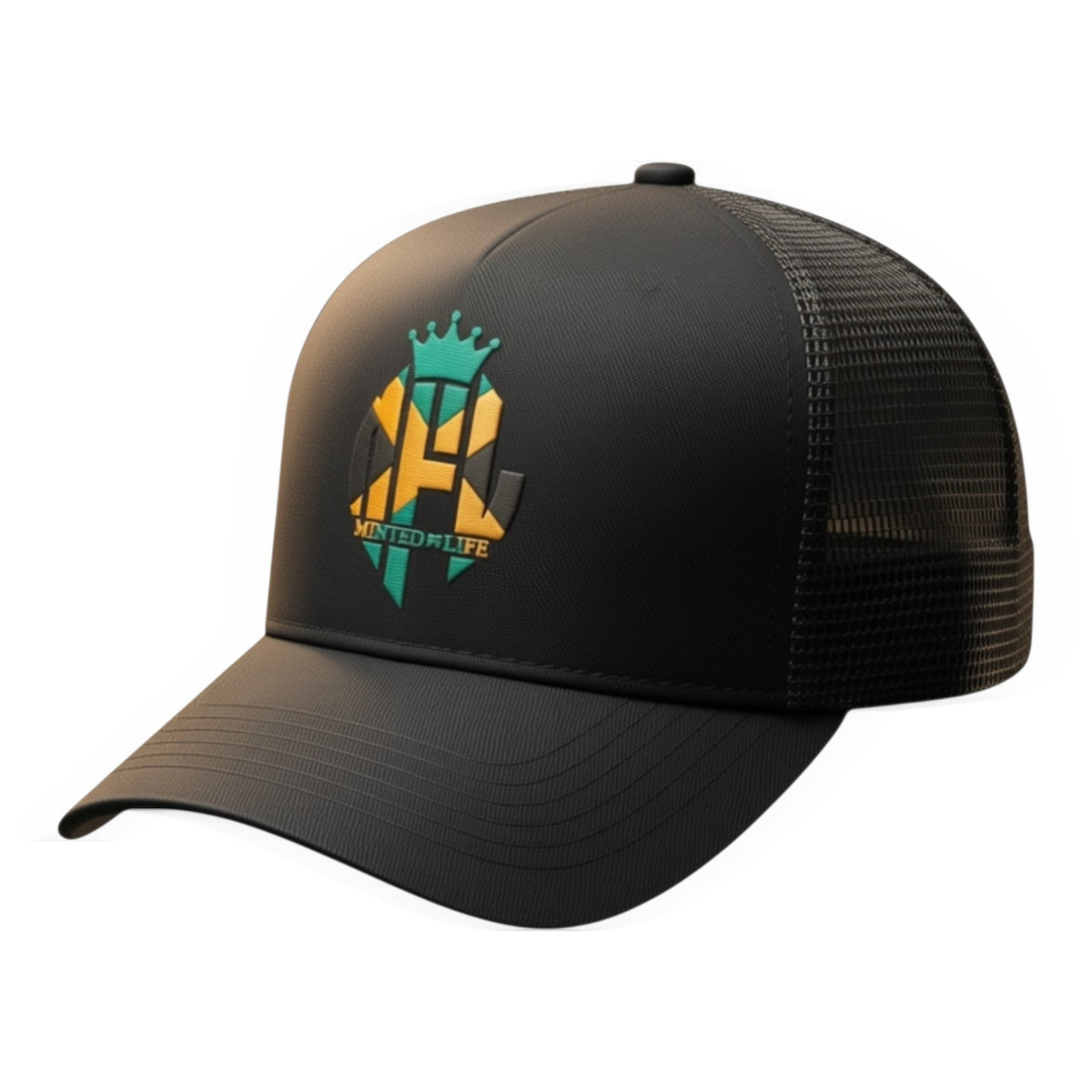 Minted4Life Trucker Cap – Black with Green & Gold Crown Logo