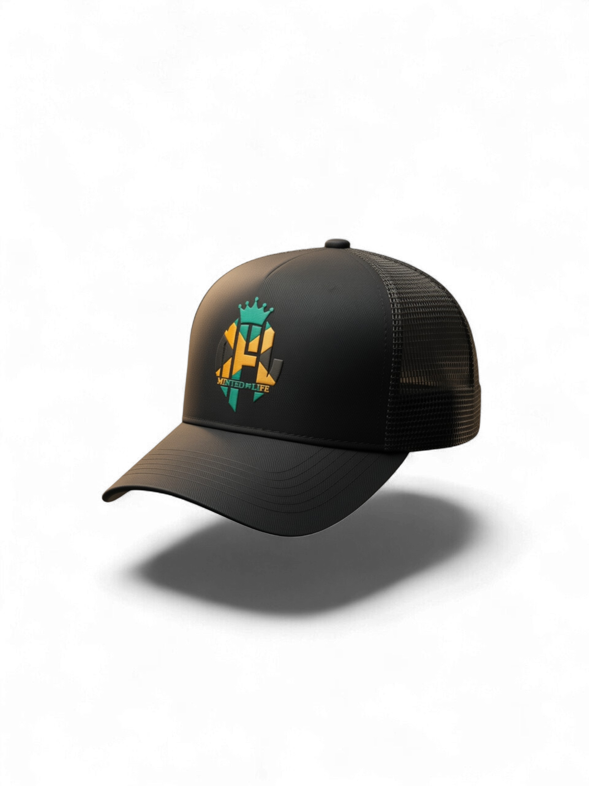 Minted4Life Trucker Cap – Black with Green & Gold Crown Logo