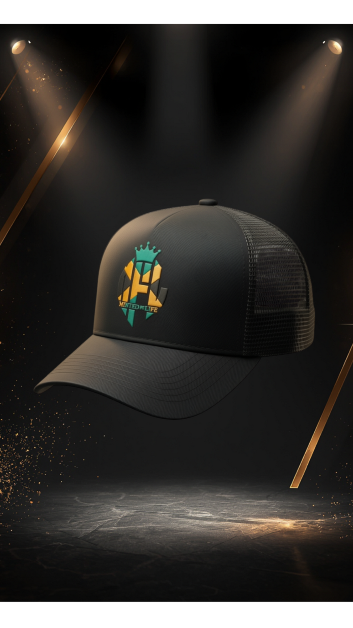 Minted4Life Trucker Cap – Black with Green & Gold Crown Logo