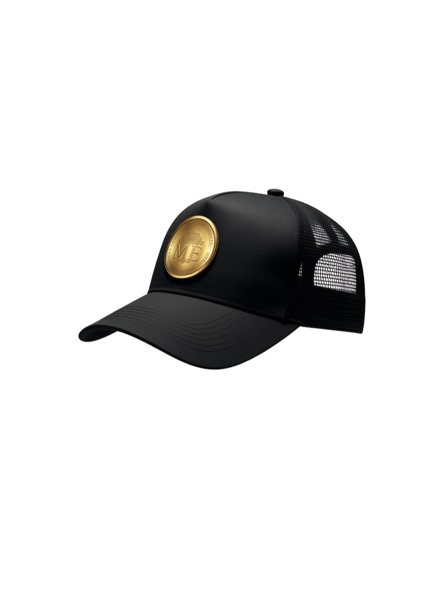 Minted4Life Trucker Cap – Black with Gold Emblem Patch