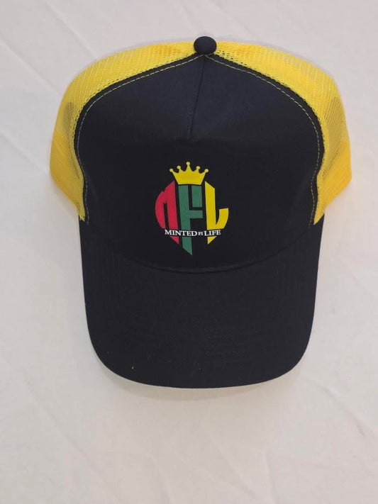 Minted4Life Trucker Cap – Yellow & Black with Multicolour Crown Logo