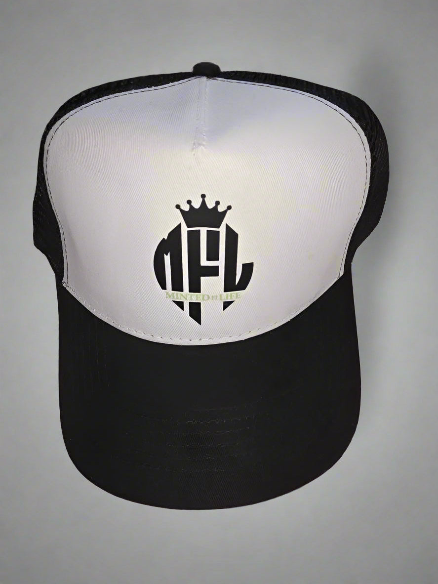 Minted4Life Trucker Cap – Black & White with Crown Logo