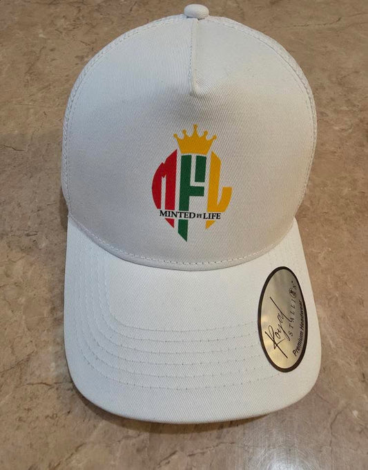 Minted4Life Trucker Cap – White with Multicolour Crown Logo