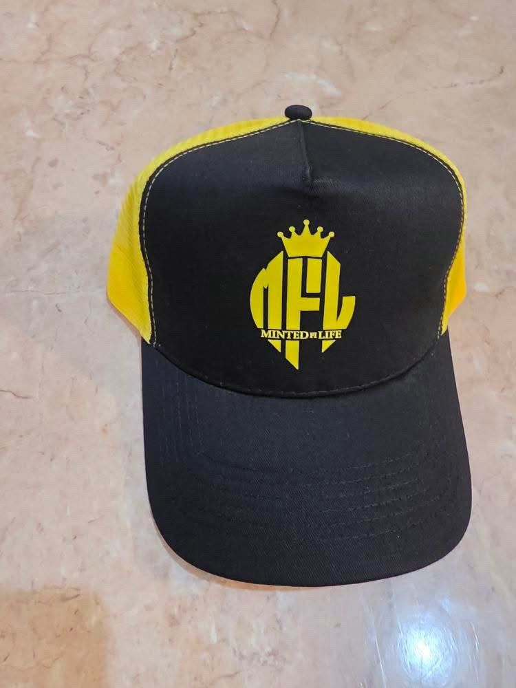 Minted4Life Trucker Cap – Yellow & Black with Yellow Crown Logo