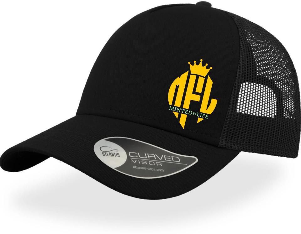 Minted4Life Trucker Cap – Black with Yellow Crown Logo (Outlined Edition)