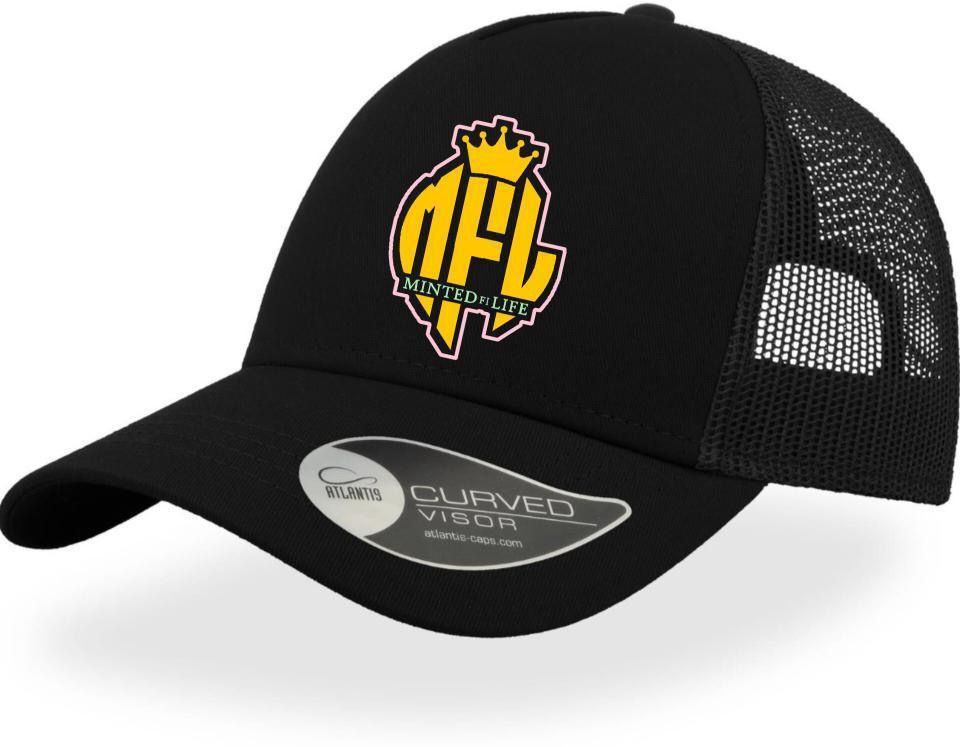 Minted4Life Trucker Cap – Black with Yellow Crown Logo (Outlined Edition)