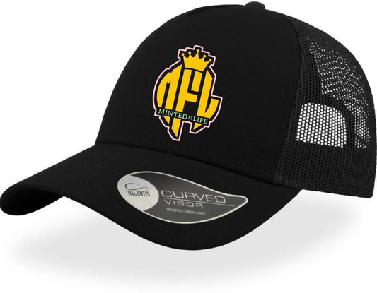 Minted4Life Trucker Cap – Black with Yellow Crown Logo (Outlined Edition)