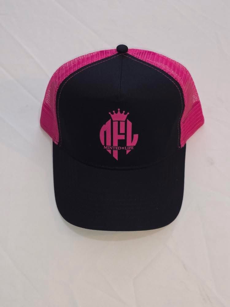 Minted4Life Trucker Cap – Pink & Black with Crown Logo