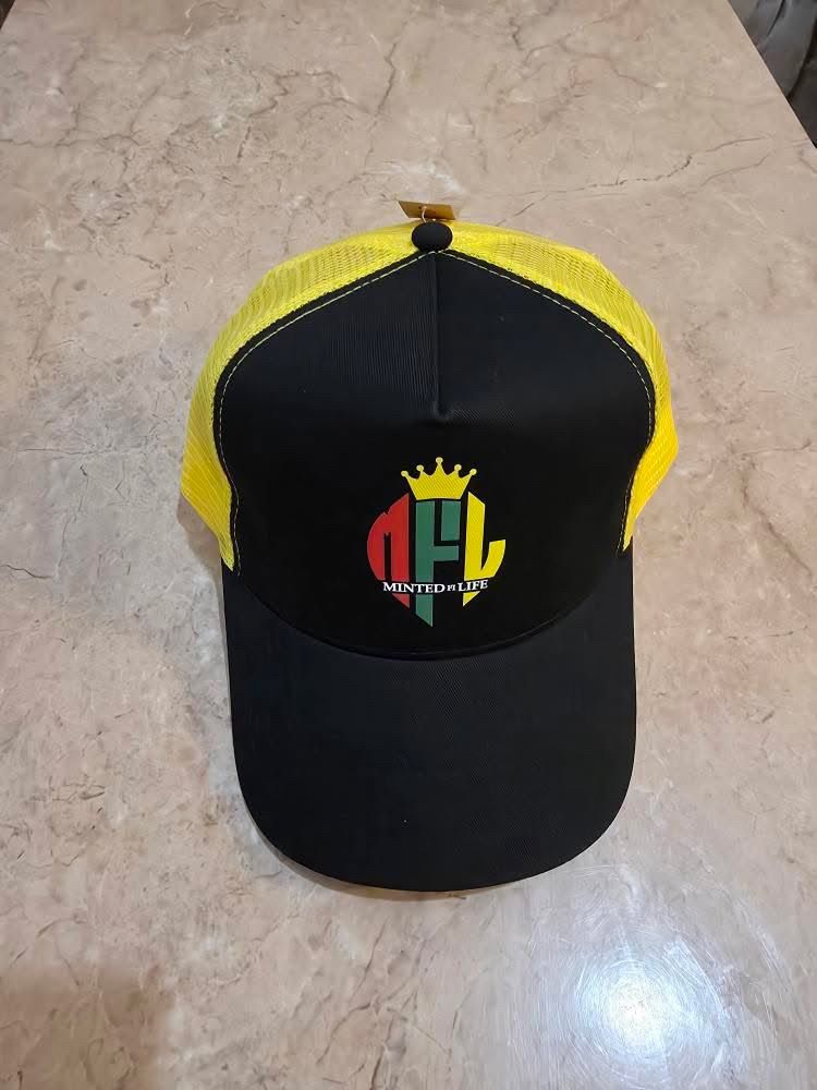 Minted4Life Trucker Cap – Yellow & Black with Multicolour Crown Logo